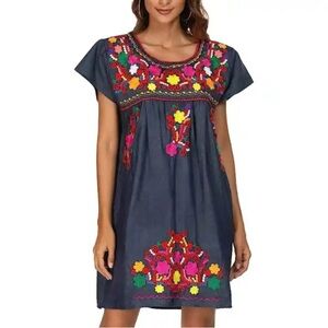 Floral Embroidered Navy Dress- Mexico L
